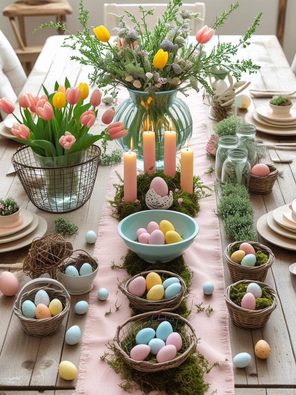 Easter table decor with vibrant centerpiece ideas including flowers, greenery, eggs, candles, and rustic spring accents.