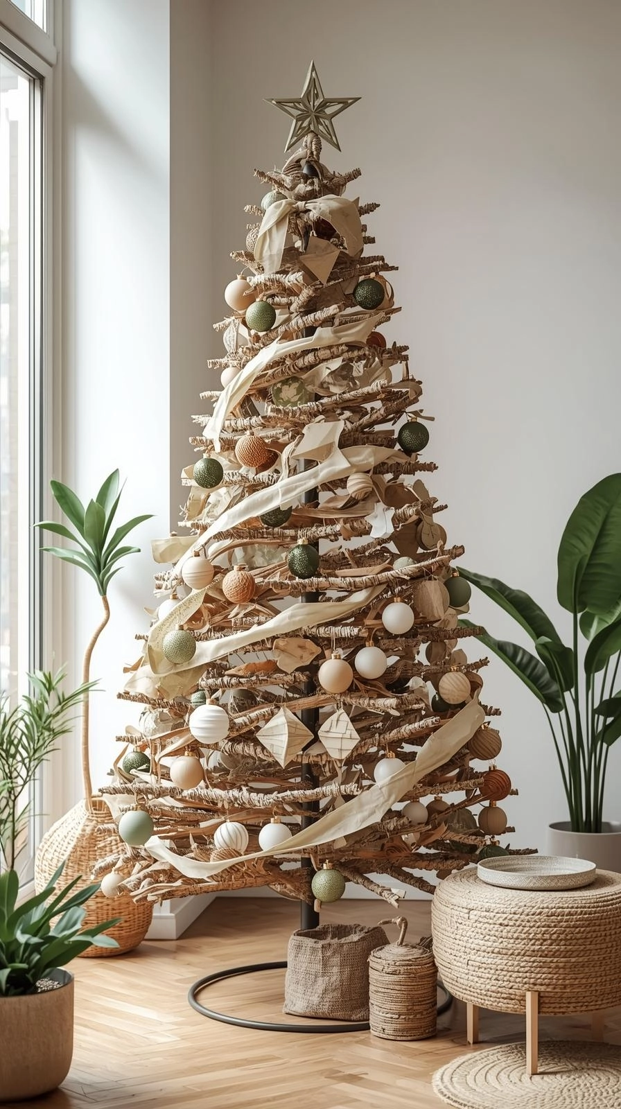 Eco-friendly Christmas tree made from recycled materials, decorated with paper and wooden ornaments, showing 2025 Christmas tree trends.