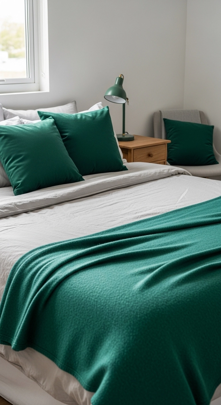 Modern bedroom with emerald green accent pillows and a throw adding a light touch of color, showing emerald green bedroom ideas.