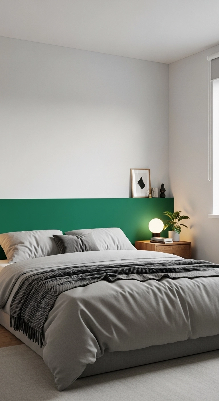 Modern bedroom with an emerald green accent wall behind the bed, creating a simple upgrade and supporting emerald green bedroom ideas.
