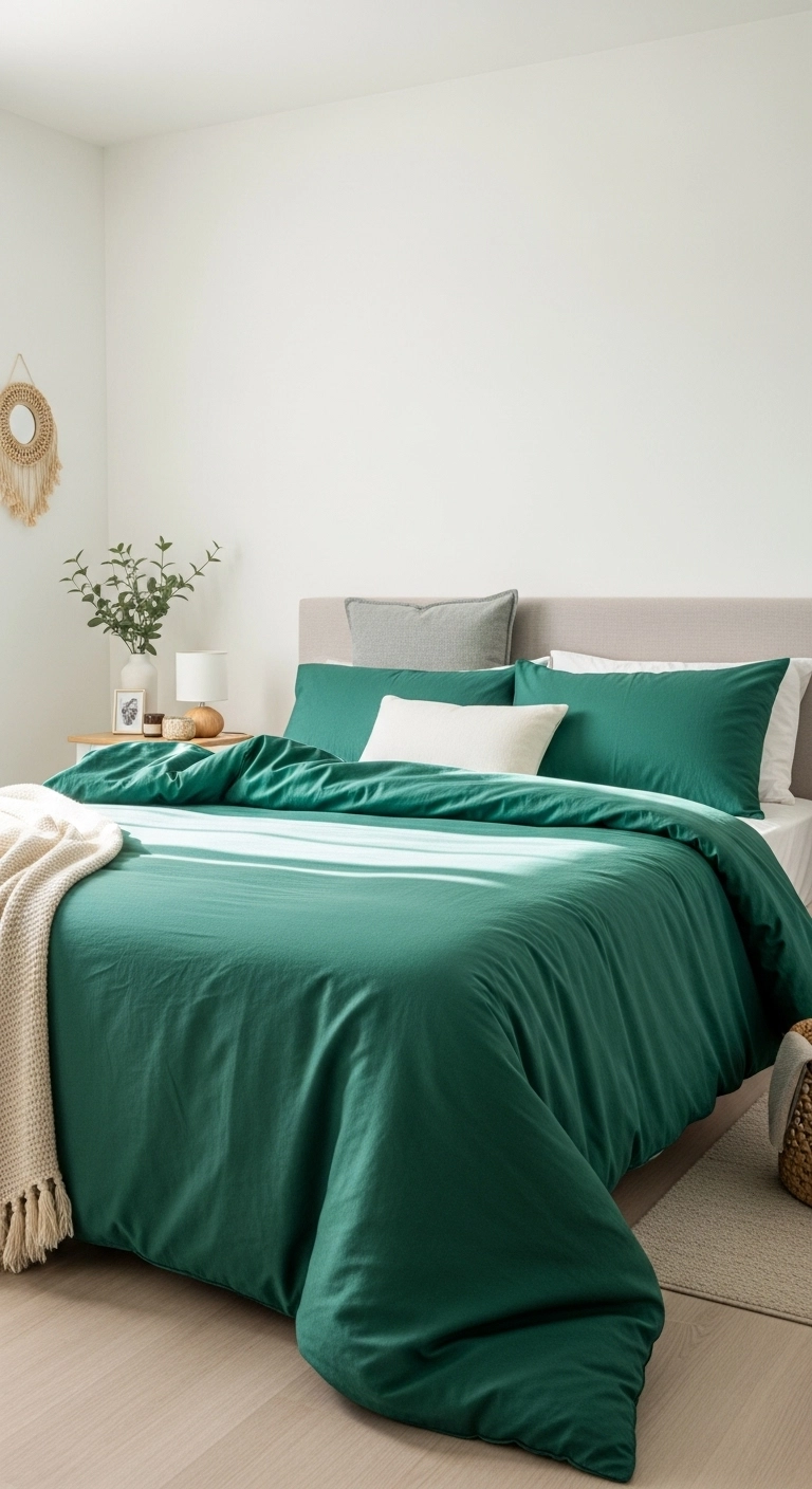 Modern bedroom with emerald green bedding as the focal point, set against white walls and light wood accents to showcase emerald green bedroom ideas.