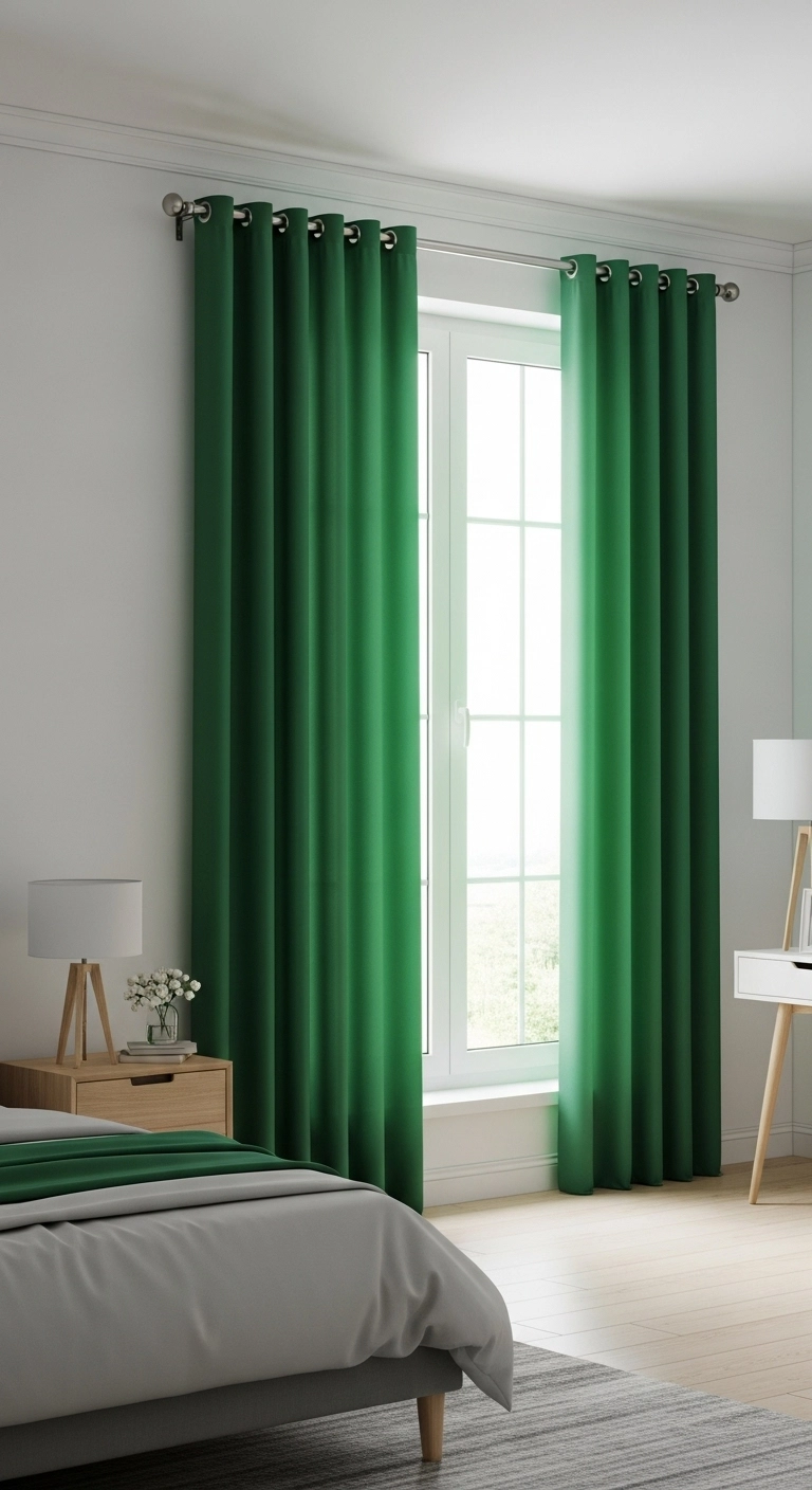 Modern bedroom with emerald green curtains softening natural light and adding depth, illustrating emerald green bedroom ideas.