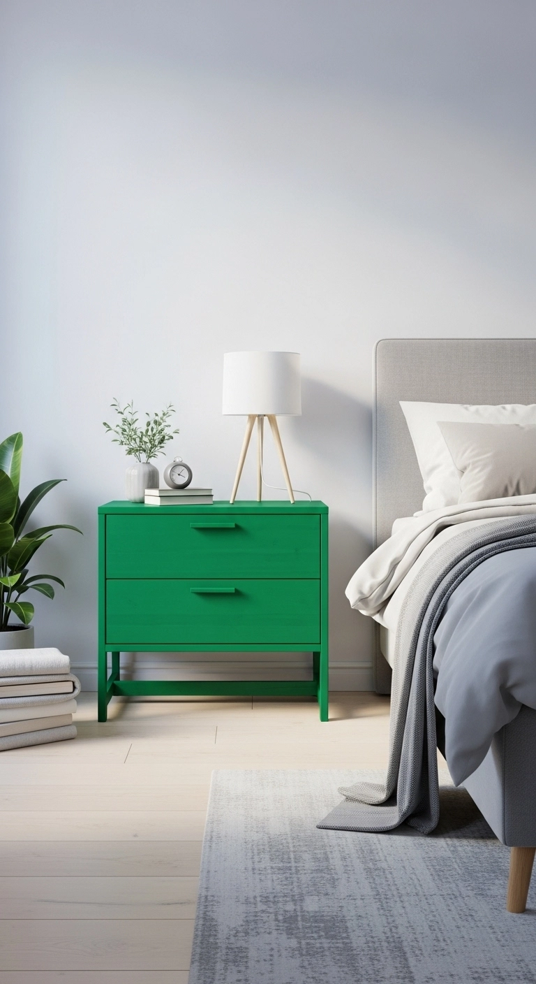 Bedroom with emerald green furniture adding quiet strength and depth, showing emerald green bedroom ideas in a modern space.