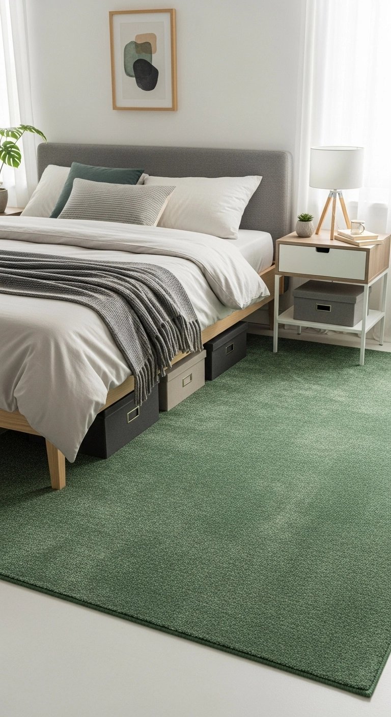 Modern bedroom with an emerald green area rug grounding the space and connecting the furniture, showing emerald green bedroom ideas.