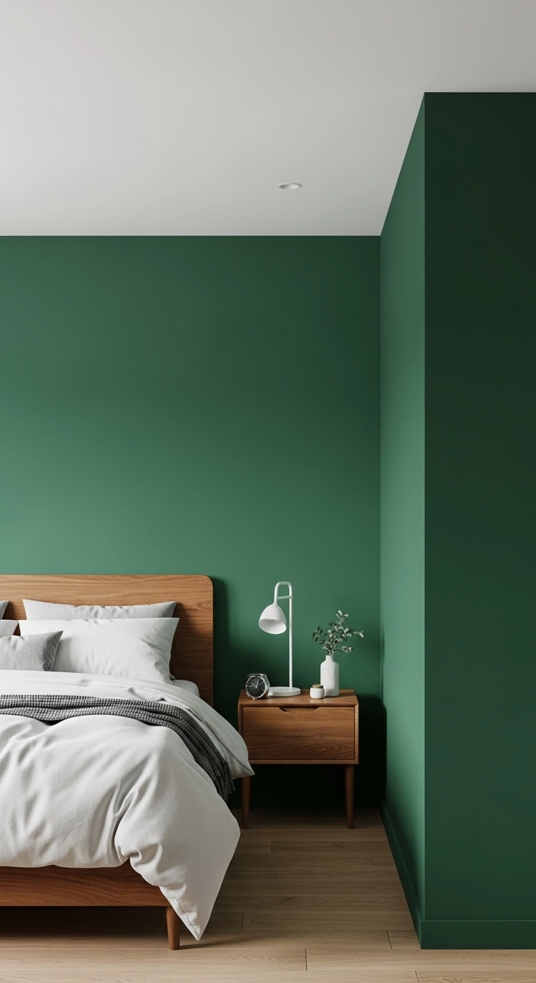 Calm modern bedroom with emerald green walls, white bedding, and warm wood furniture showing emerald green bedroom ideas in a clean minimalist style.