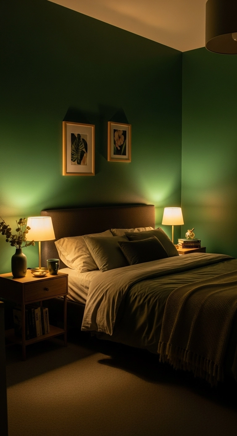 Cozy bedroom with emerald green walls and bedding softly lit by warm bedside lamps for a calm, restful night mood.