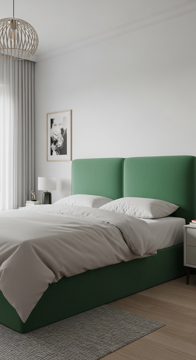 Modern bedroom with a soft emerald green headboard, neutral bedding, and simple decor showing emerald green bedroom ideas.
