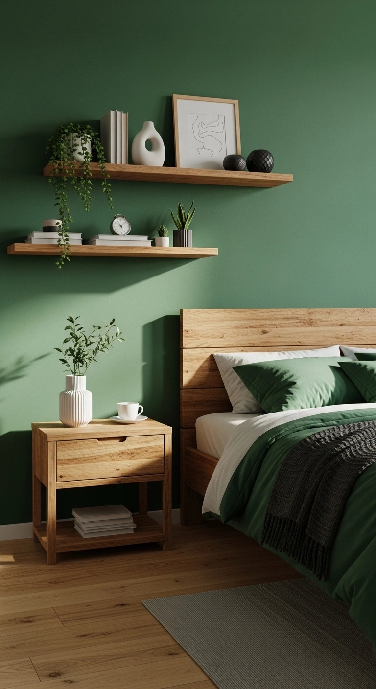 Bedroom featuring emerald green walls and bedding with natural wooden furniture, creating a calm, grounded, and natural look.