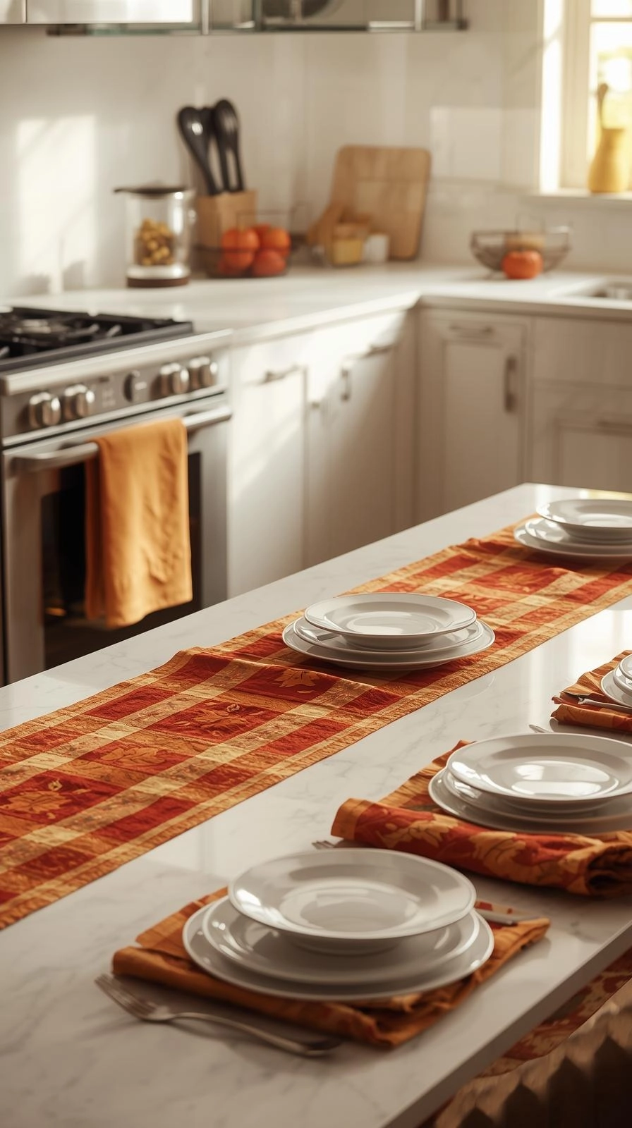 Fall decoration ideas for kitchen featuring dish towels, table runner, and linens in warm autumn colors.