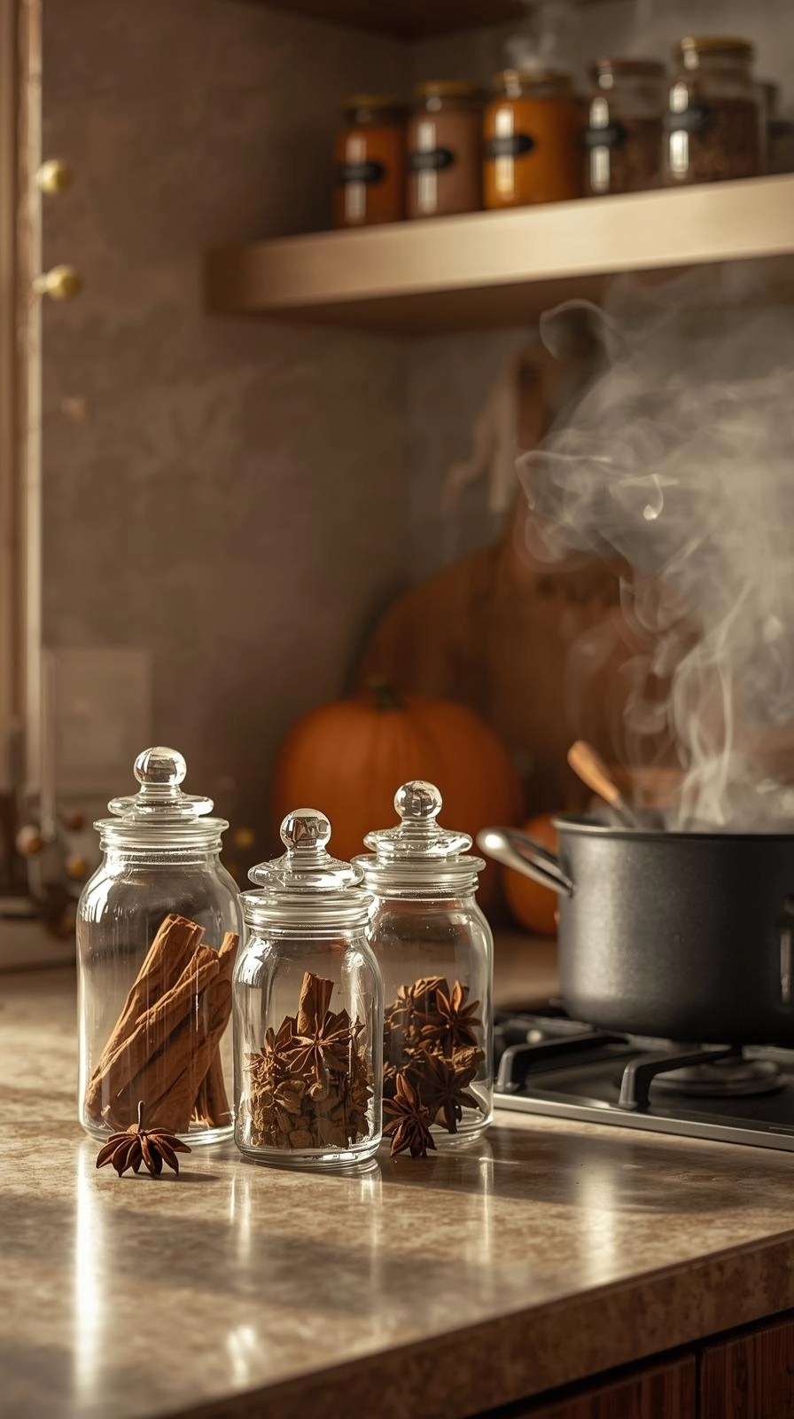 Fall decoration ideas for kitchen with spice jars, cinnamon sticks, cloves, and warm seasonal scents.