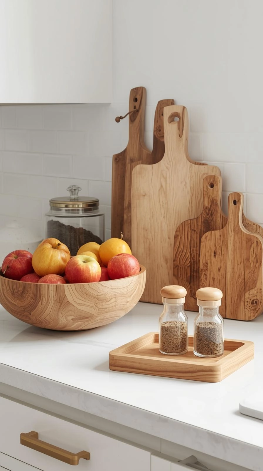 Fall decoration ideas for kitchen with wooden bowls, cutting boards, and seasonal produce.