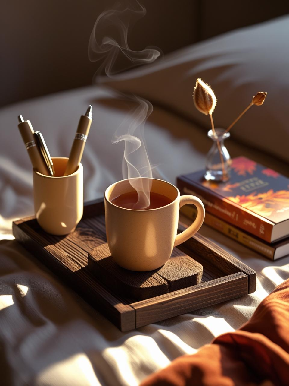 Fall bedside tray with vase, ceramic cup, wood coaster, and book.