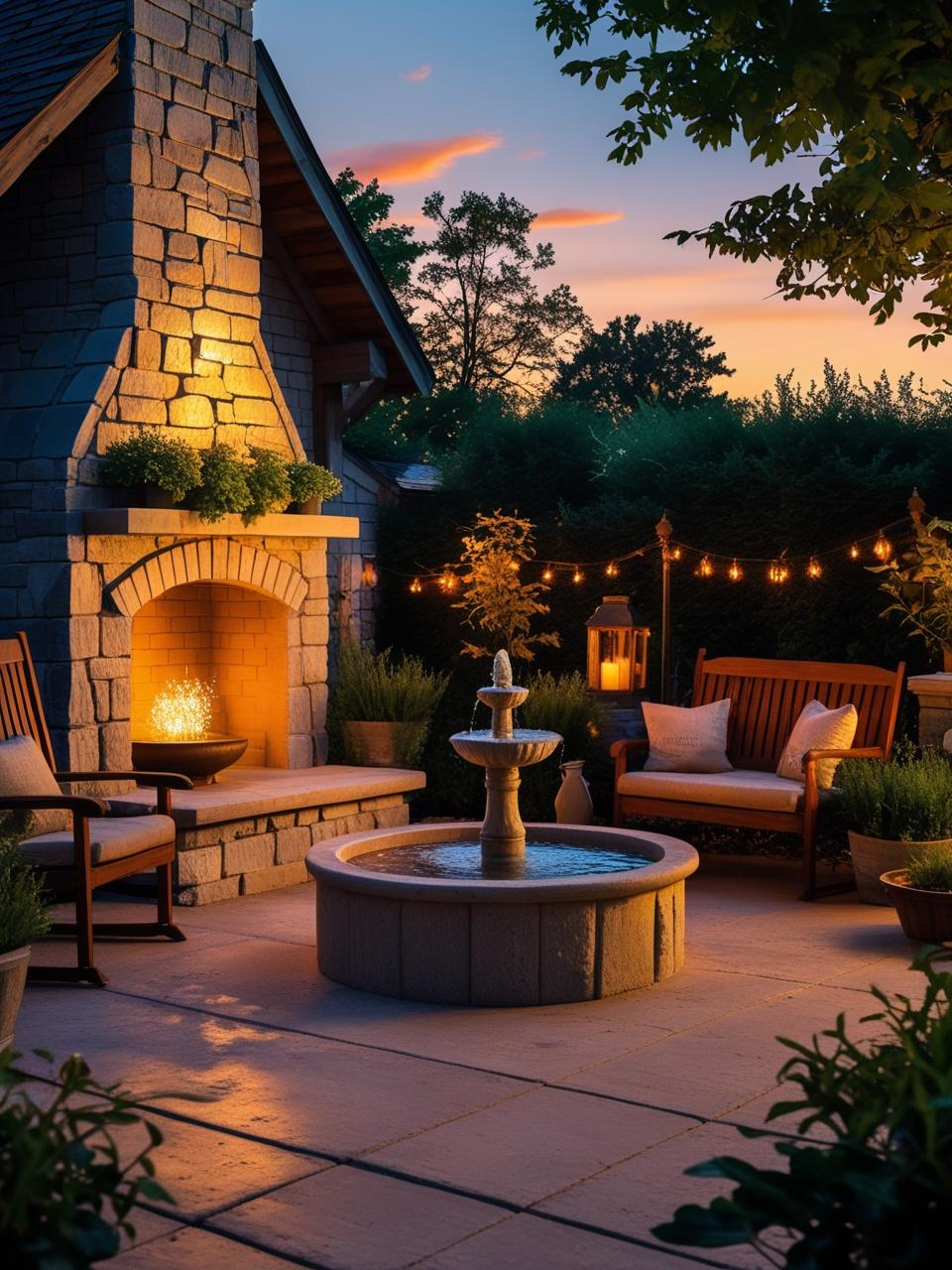 Farmhouse patio at twilight with glowing fire pit and gentle water feature surrounded by cozy rustic seating.