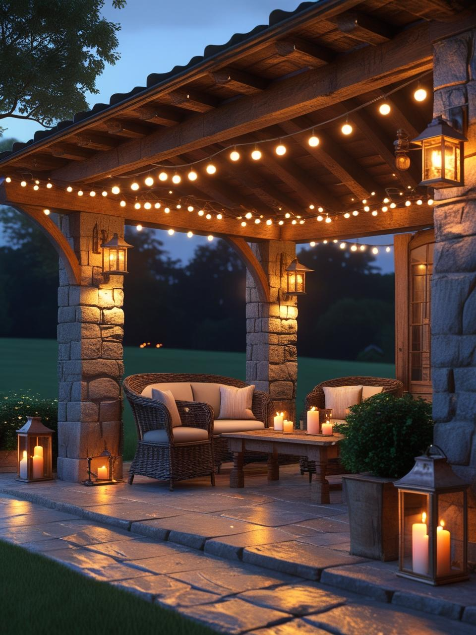 Farmhouse patio at dusk with warm string lights, glowing lanterns, and soft lighting along seating areas and pathways.