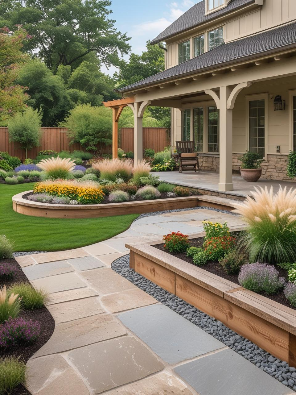Farmhouse patio design with matching pathways, garden edging, and house color palette for cohesive outdoor living.