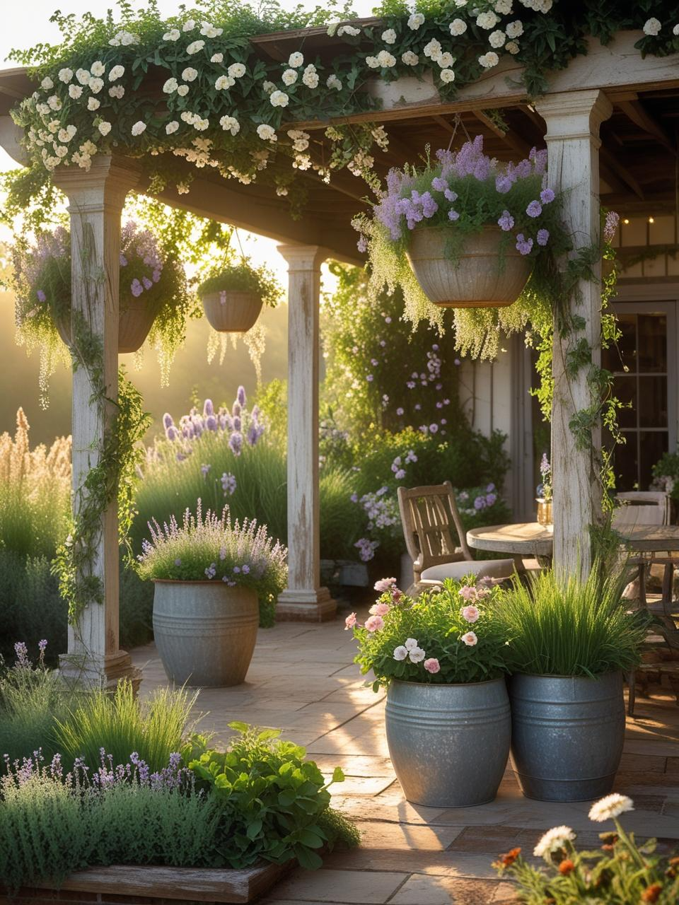 Farmhouse patio with climbing vines, potted herbs, hanging baskets, and overflowing planters filled with soft greenery.
