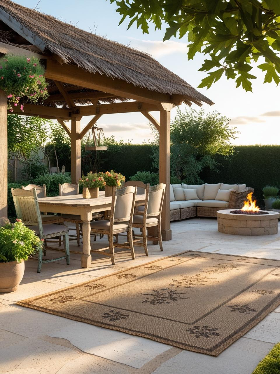 Farmhouse patio with cozy lounge and rustic dining zones, defined by rugs, pergola, and soft transitions between spaces.