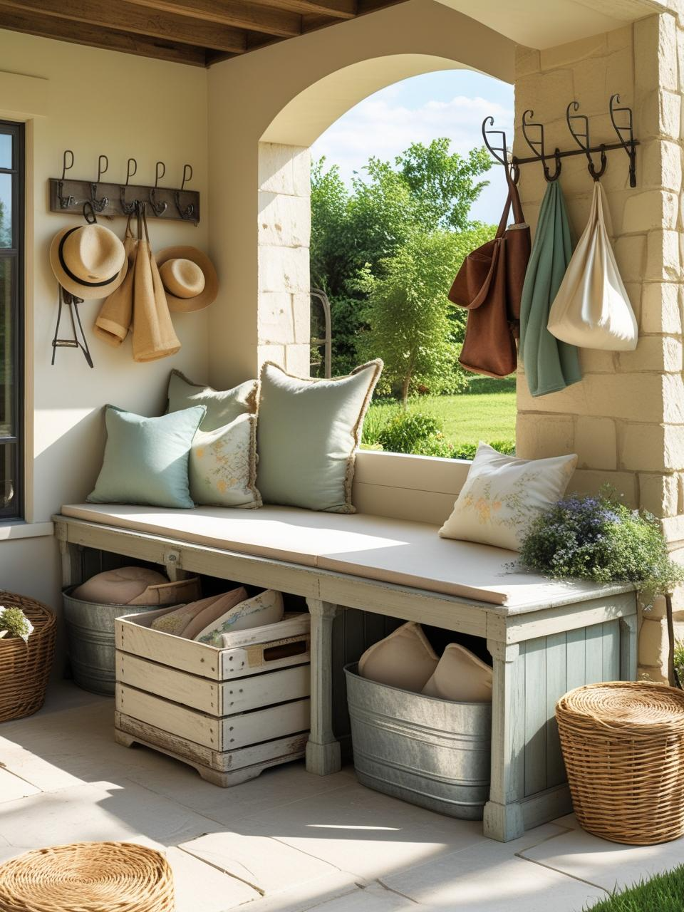 Farmhouse patio with hidden storage benches, vintage crates, wicker baskets, and wall hooks for clutter-free charm.
