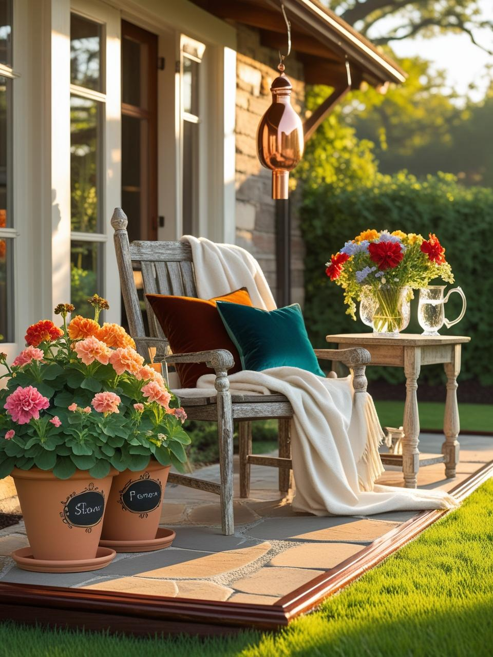 Farmhouse patio with refined finishing touches like labeled planters, polished metal, fresh cushions, and thoughtful styling.