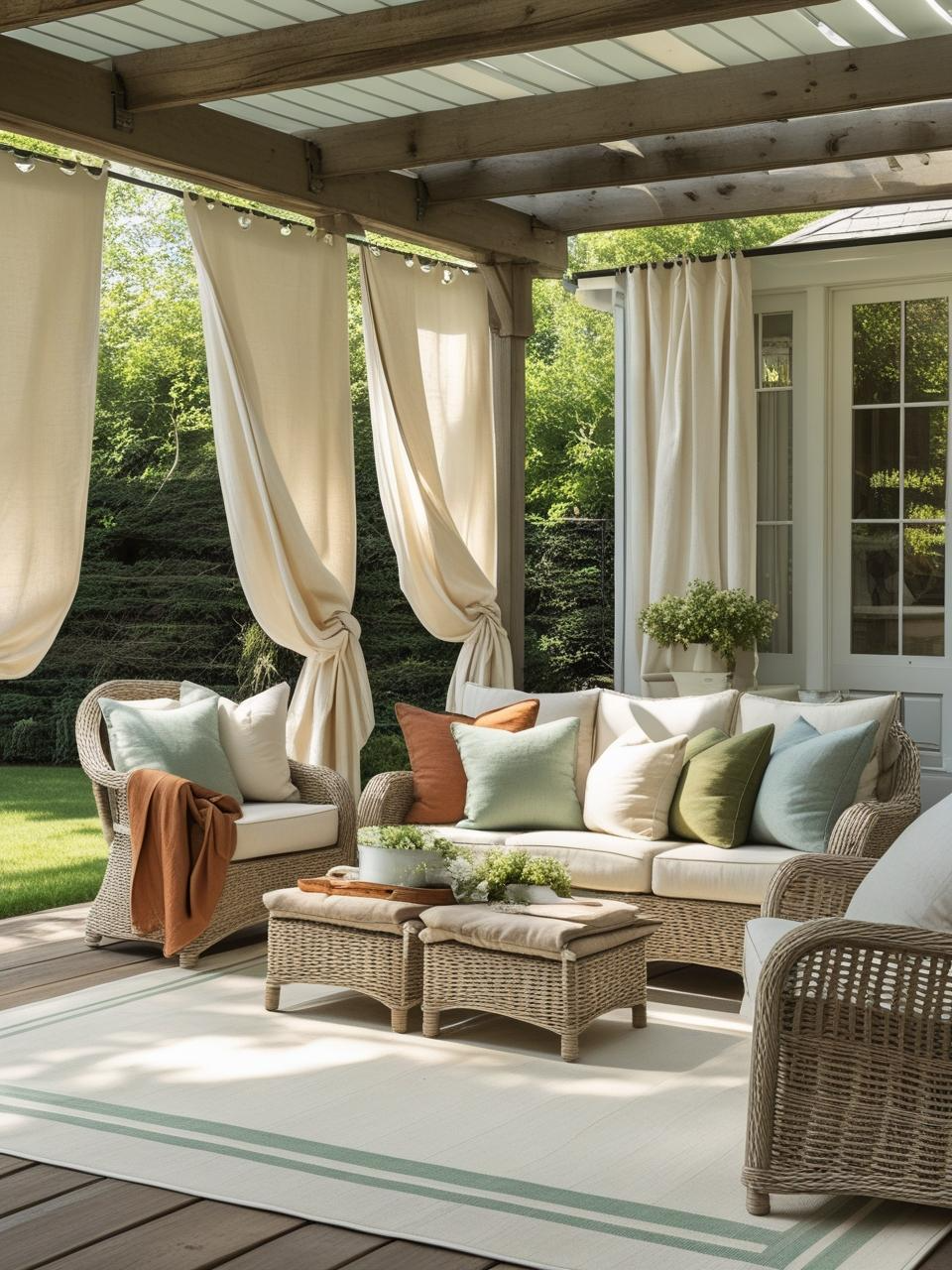 Farmhouse patio with soft outdoor textiles, including striped rug, canvas curtains, and cozy earth-toned cushions.
