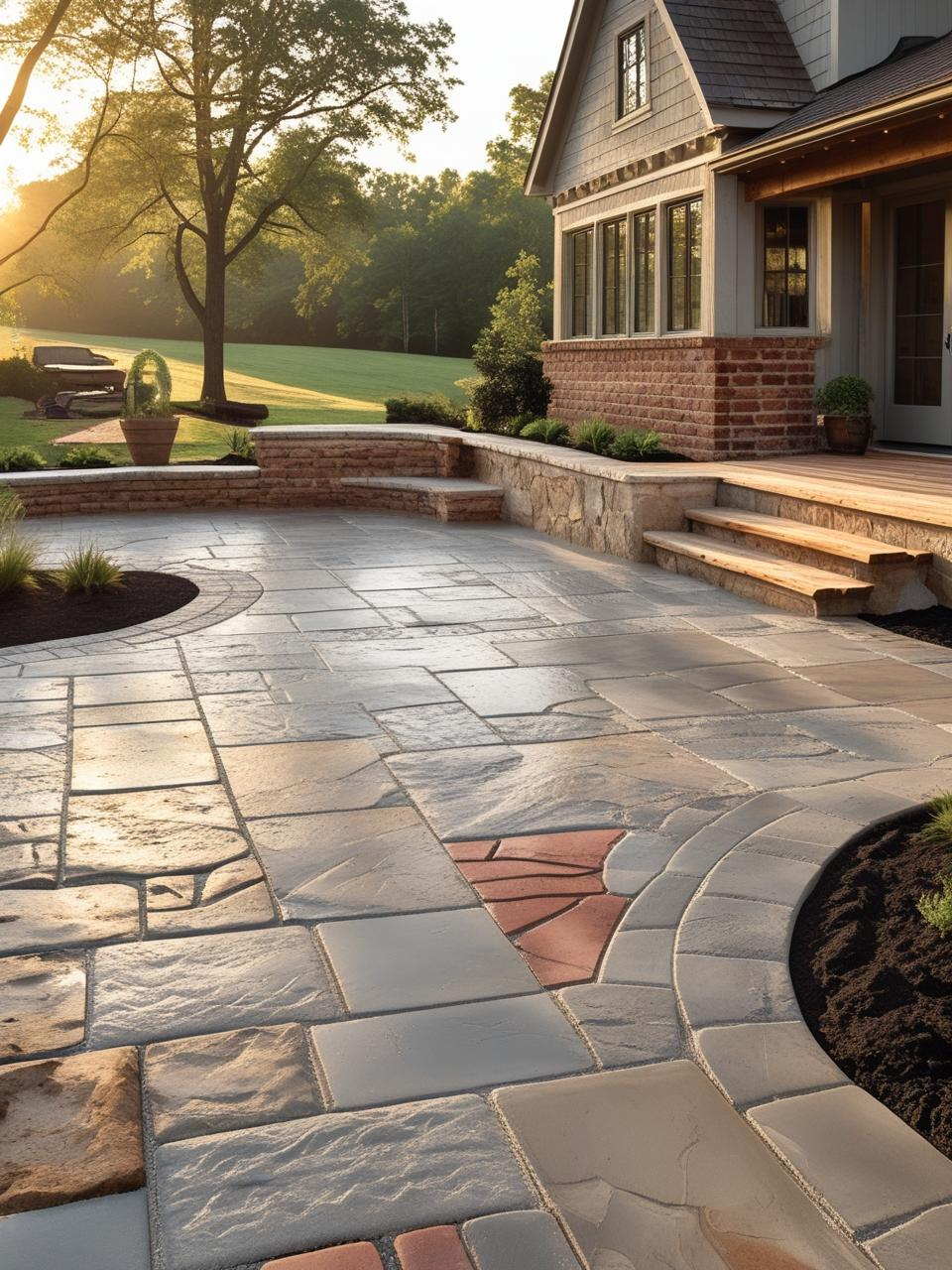 Farmhouse patio with stone pavers, rustic wood decking, whitewashed brick, and flagstone for a durable, charming foundation.