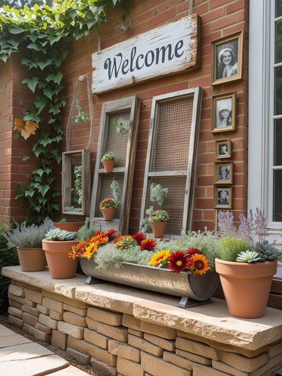 Farmhouse patio with vintage signs, rustic artwork, floral troughs, and personal decor elements that add charm and warmth.