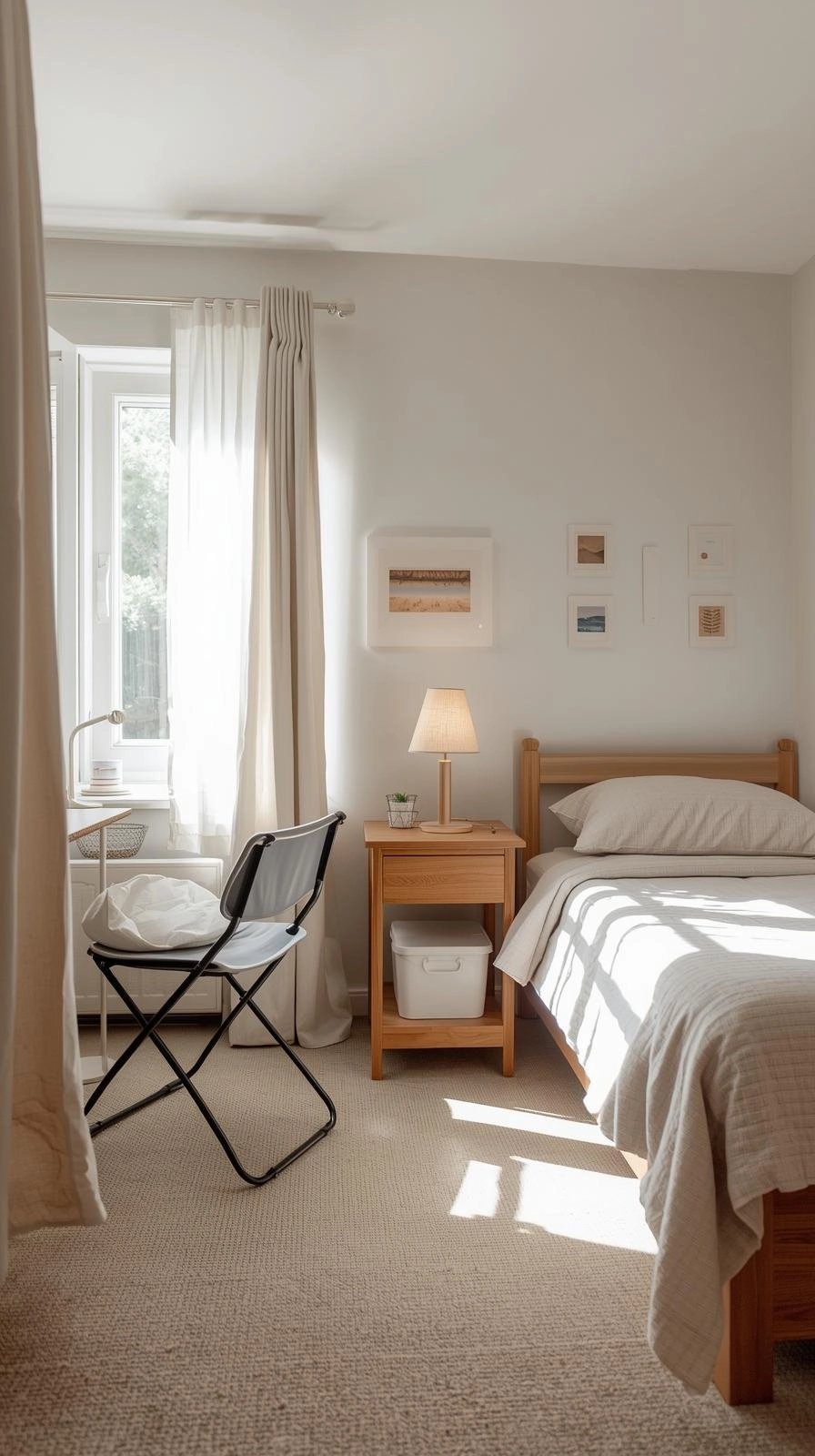 Modern dorm room with flexible furniture and simple decor showing adaptable dorm room decoration ideas.