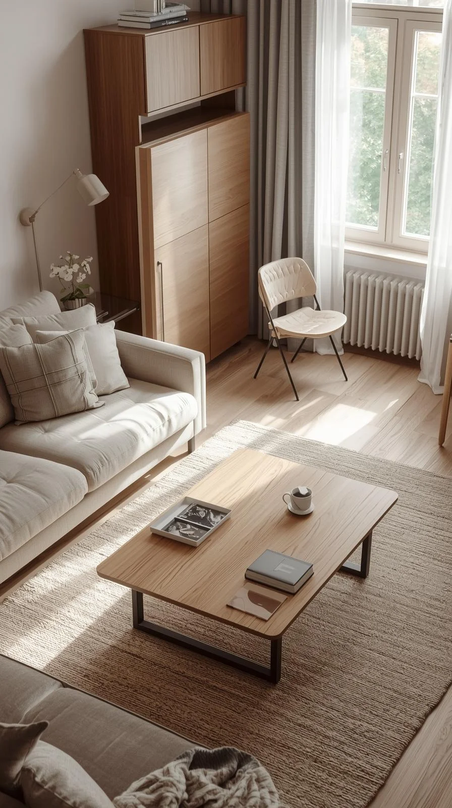 Cozy small apartment living room with movable coffee table, fold-out desk, and layout designed for real living.
