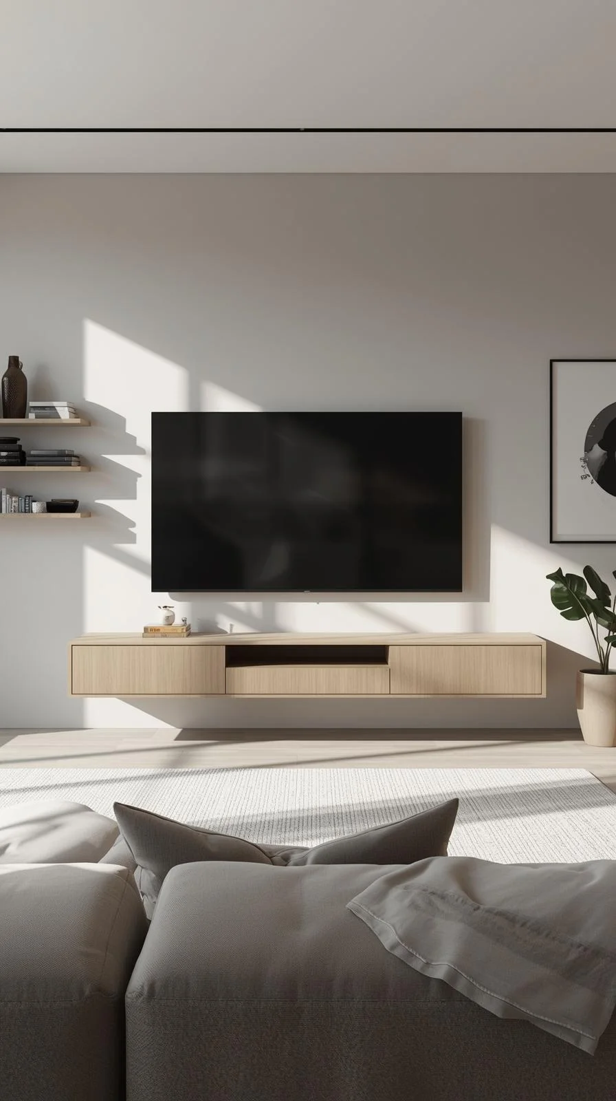Large TV mounted above a floating media console in a modern living room with clean, minimal design.
