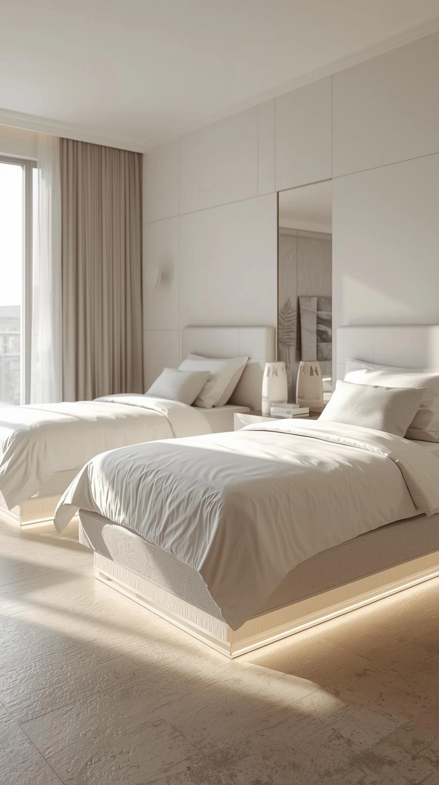 Twin beds in one room ideas with floating platform design, featuring under-bed lighting for a modern and airy look.