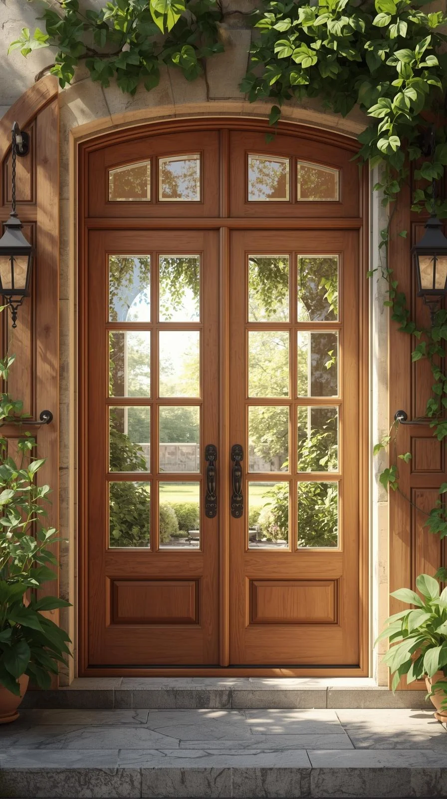 French-style double door entryway with wood frames and glass panes, paired with shutters and climbing plants.
