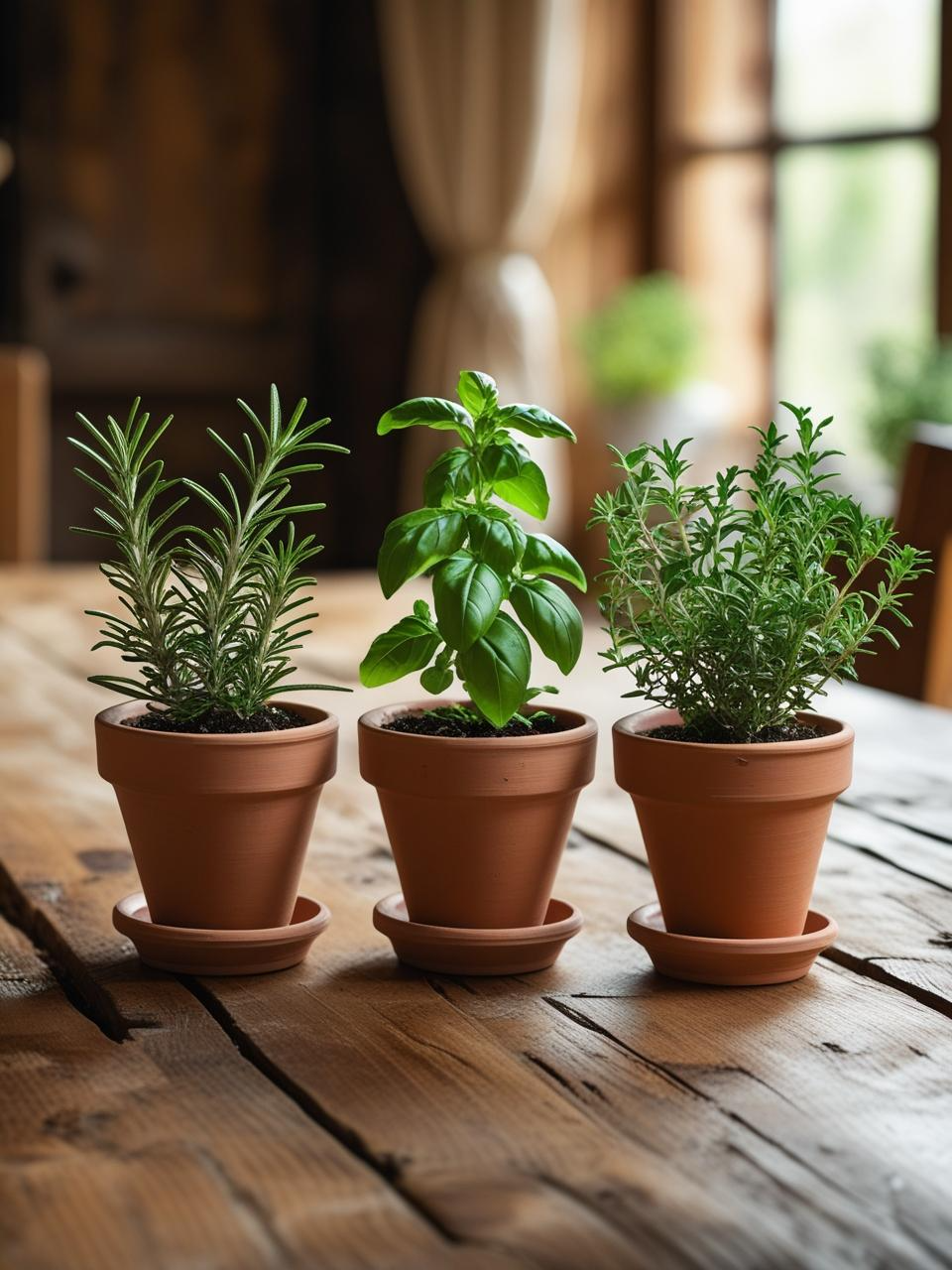 Fresh herb pots with rosemary, basil, and thyme centerpiece on a dining room table – Dining Room Table Centerpiece Ideas.