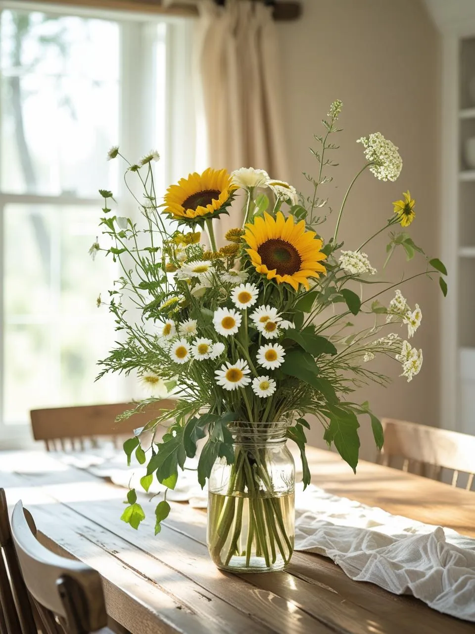 Fresh wildflower mix in a low mason jar centerpiece on a dining room table – Dining Room Table Centerpiece Ideas.