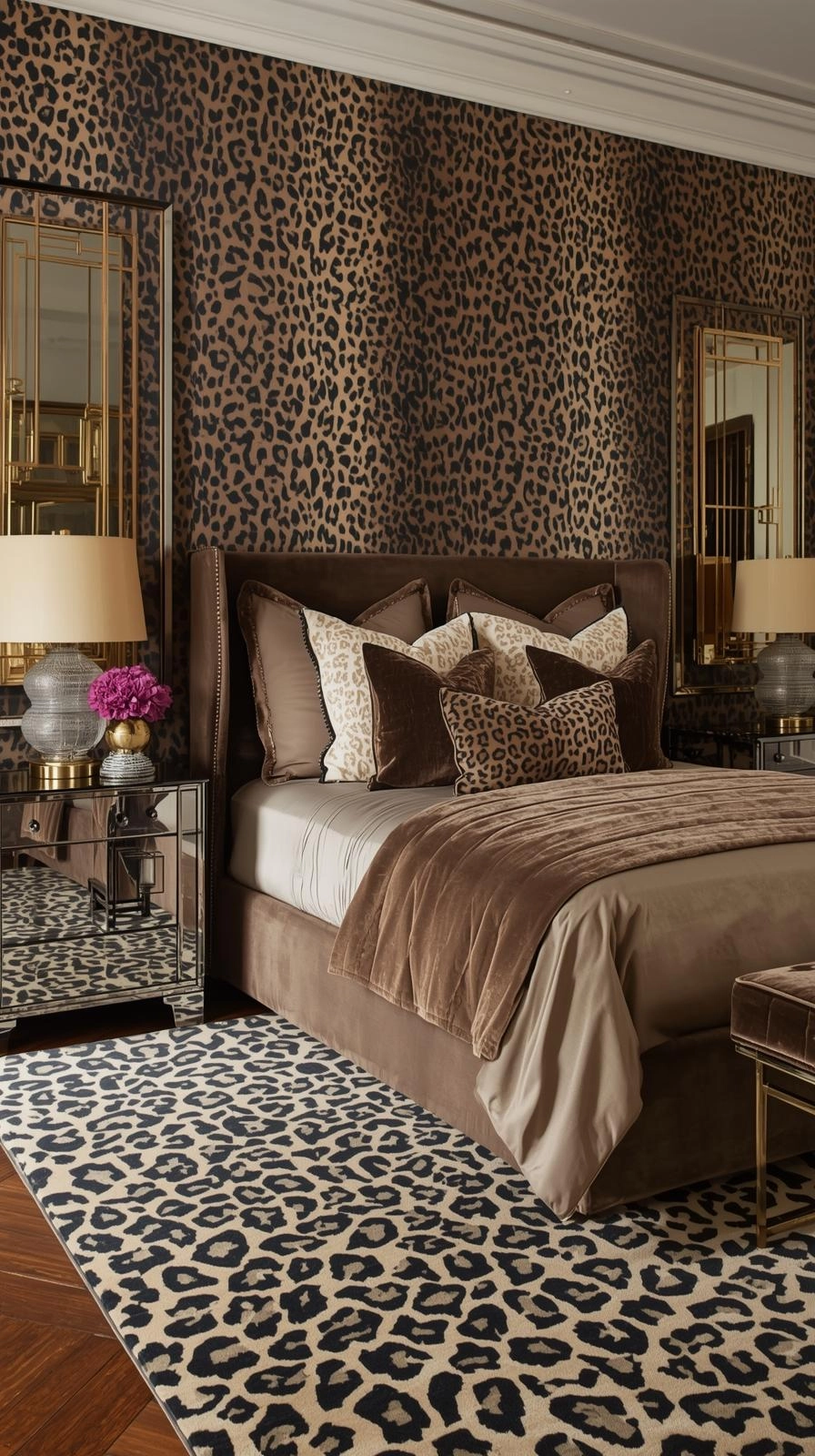 Luxury leopard-themed bedroom suite with leopard wallpaper, bedding, and rug styled with mirrored nightstands.