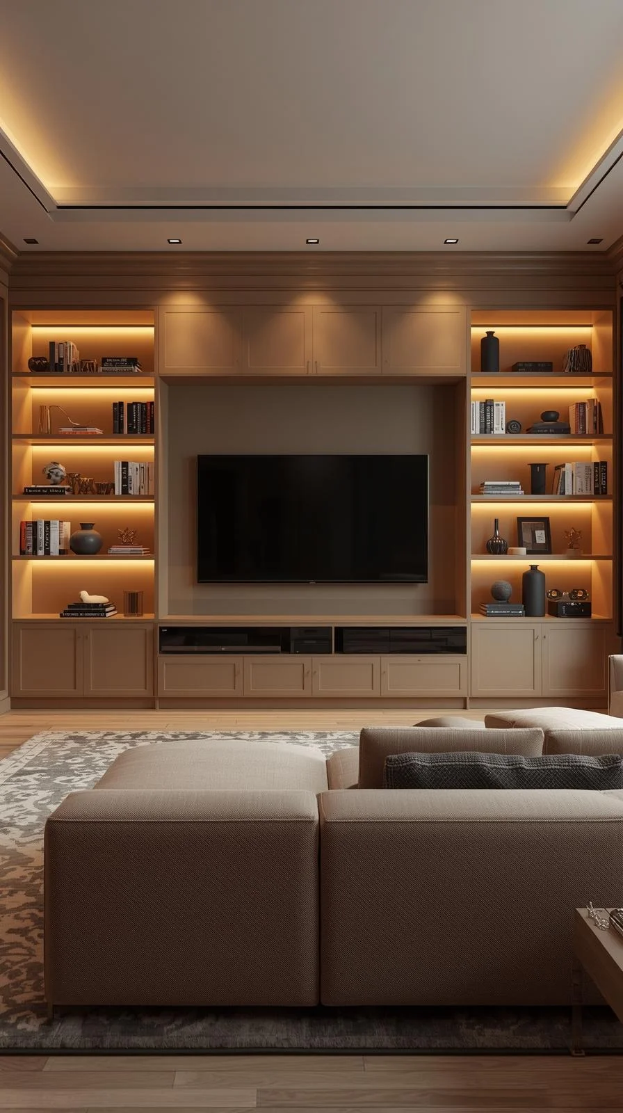 Full-wall media display with large TV, built-in shelving, cabinets, and lighting in a modern living room.