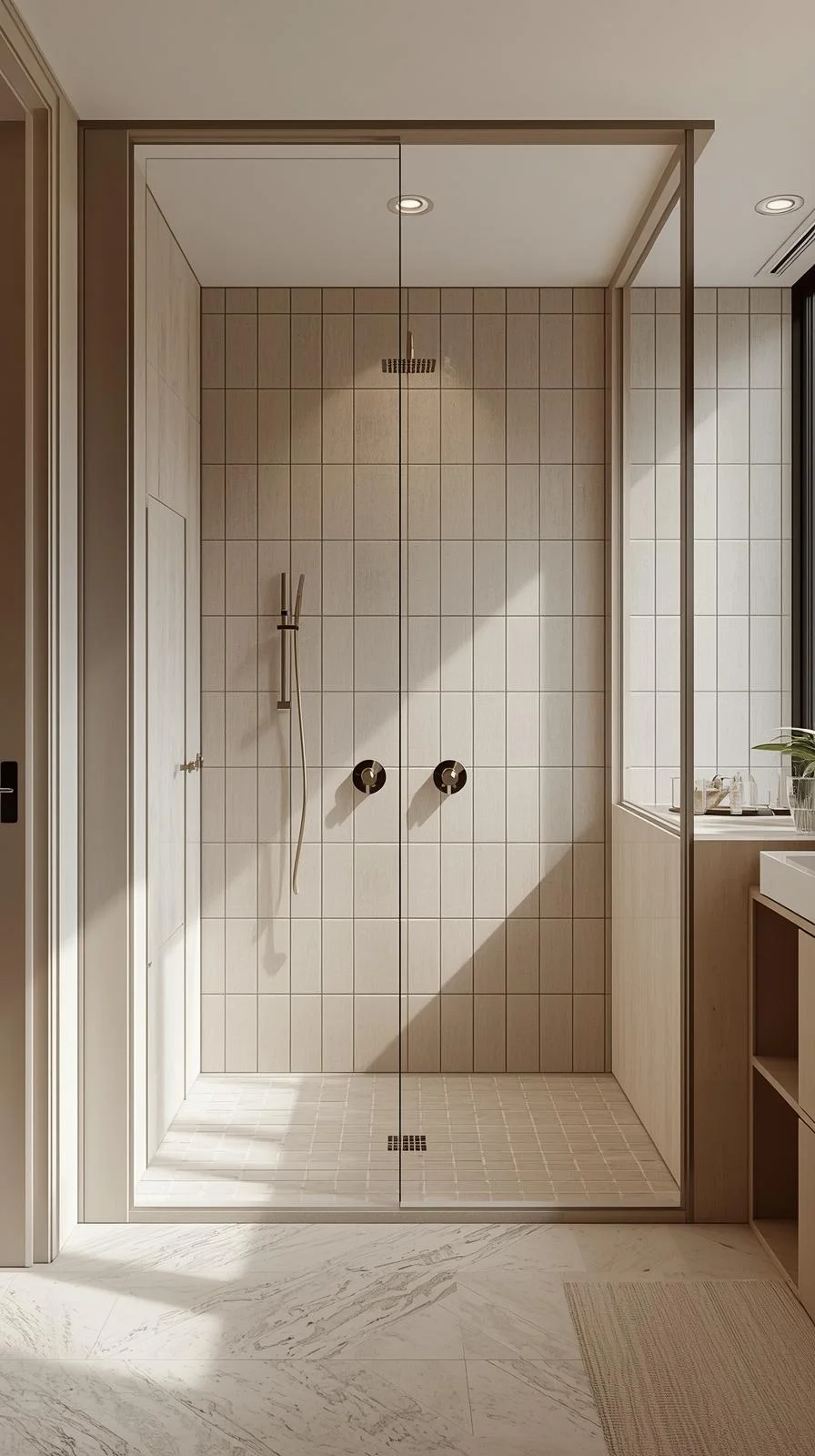 Walk in shower with wall no door ideas featuring a full tiled wall and rainfall shower head in a modern bathroom.