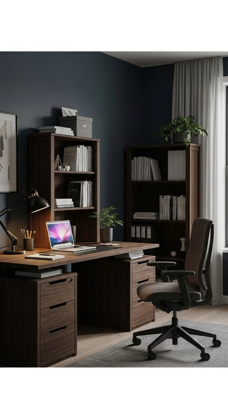 Moody home office with functional dark wood desk and shelves, clean-lined furniture, and ergonomic chair for a focused workspace.
