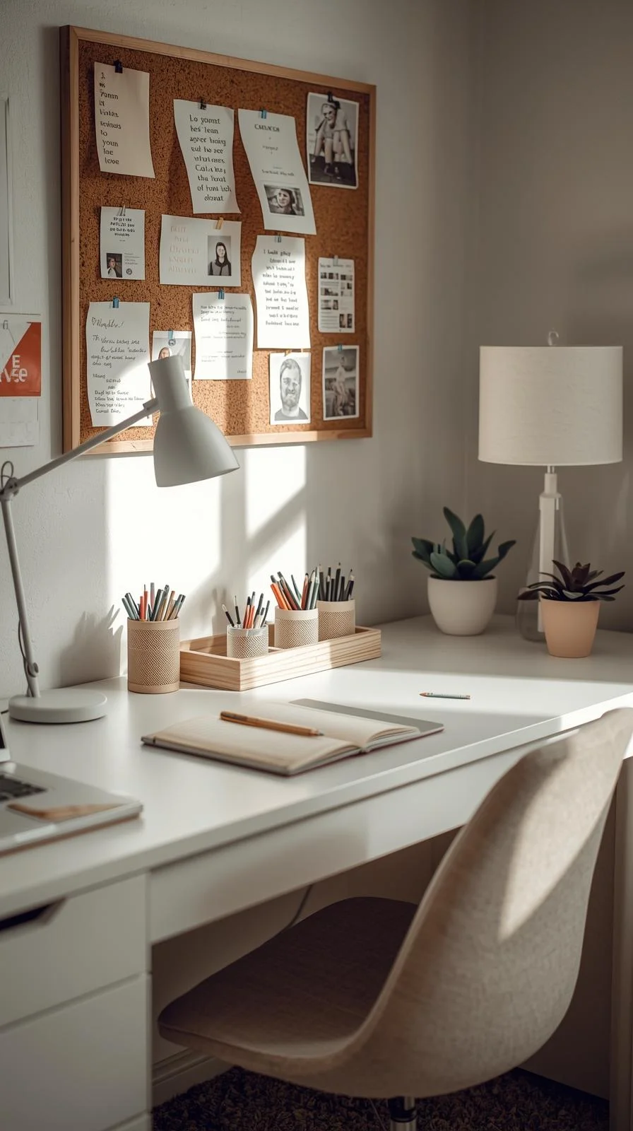 College dorm room decor ideas with an organized desk, corkboard, and small plant for a functional study space.