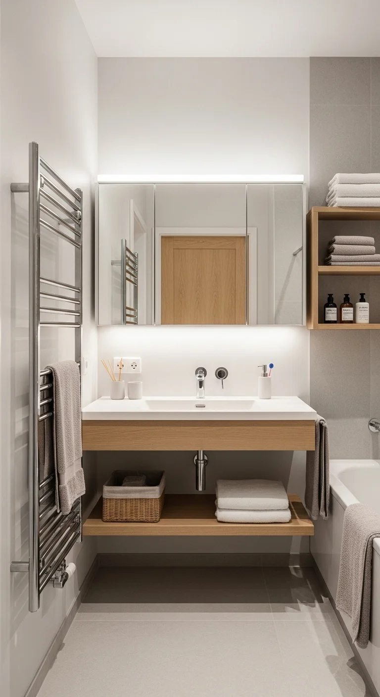 Japandi bathroom design showcasing Scandinavian functionality with floating vanity, wall-mounted towel rack, and integrated mirror lighting.