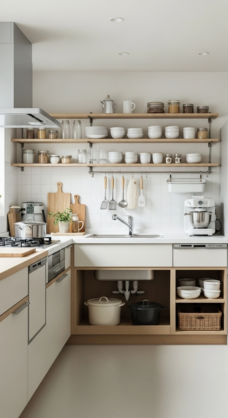 Japandi kitchen with a functional layout, well-organized cabinets and appliances, and clearly defined work zones for smooth workflow.