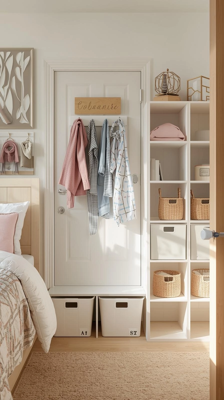 Organized girls dorm room with under-bed storage bins, hanging organizers, and neat shelving showing functional storage ideas.