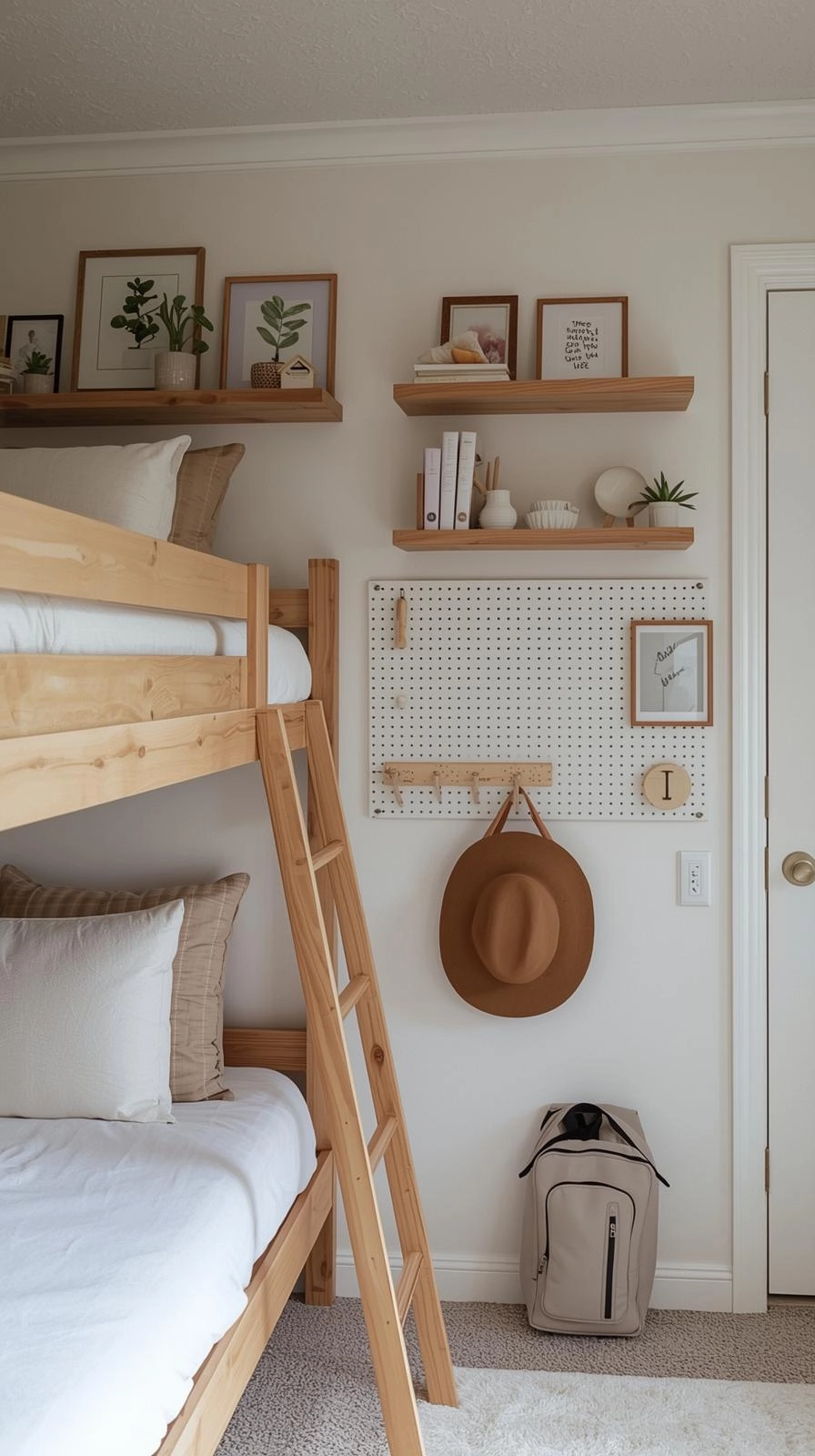Bunk bedroom decor ideas using wall shelves, hooks, and mirrors to save space and add functional, stylish design.