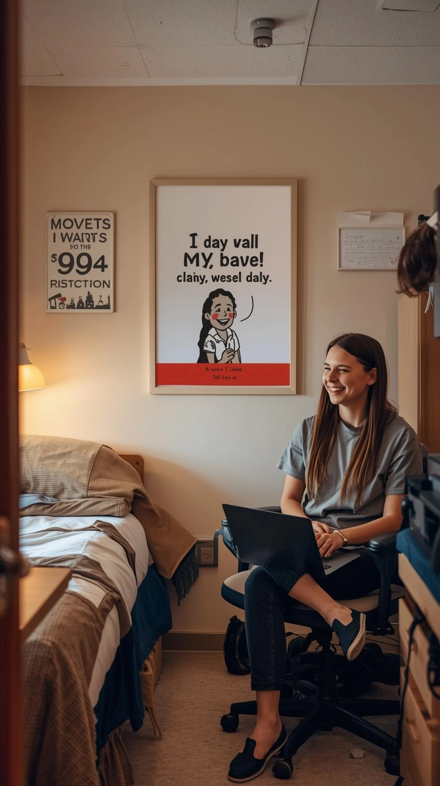 A cozy dorm room with a funny poster on the wall, featuring a witty quote that adds humor and warmth to the student’s space.