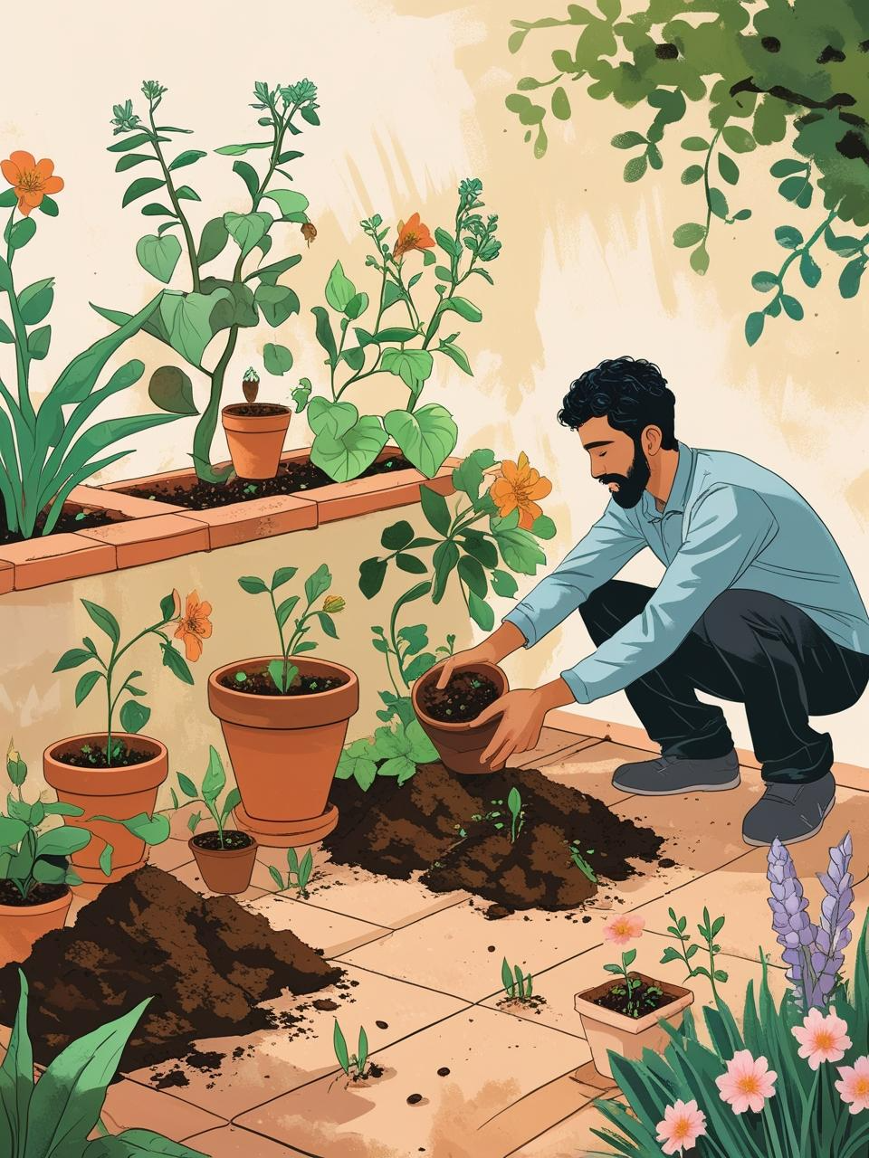 Gardener rearranging plant pots in a thriving terrace garden, learning through trial and error.