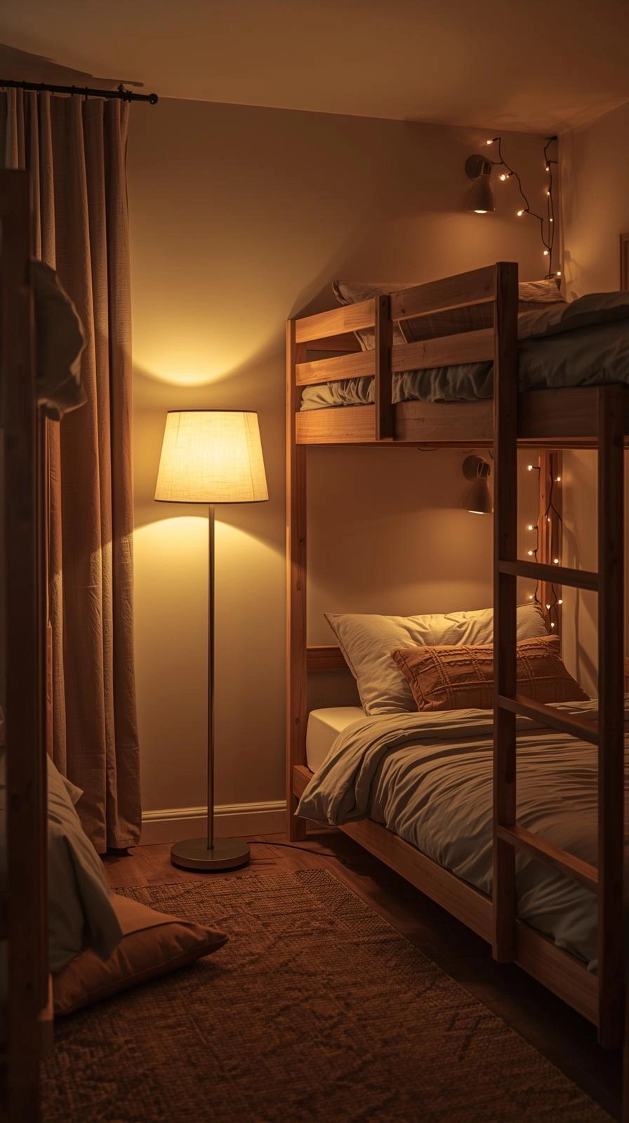 Bunk bedroom decor ideas with soft layered lighting, warm wall sconces, and cozy string lights creating a calm atmosphere.