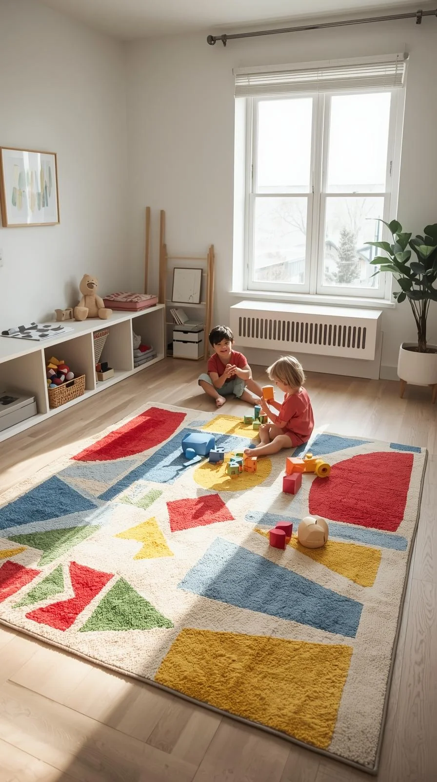 Geometric playroom rug with colorful shapes where kids build puzzles, highlighting modern and playful playroom rug ideas.