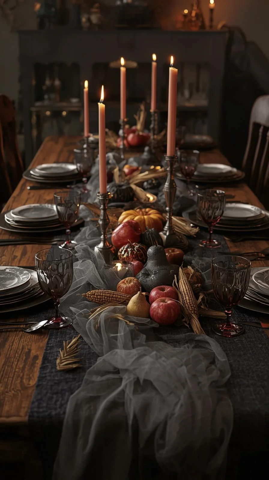 Dining table with candles, vintage china, and autumn accents styled for spooky season home decor.