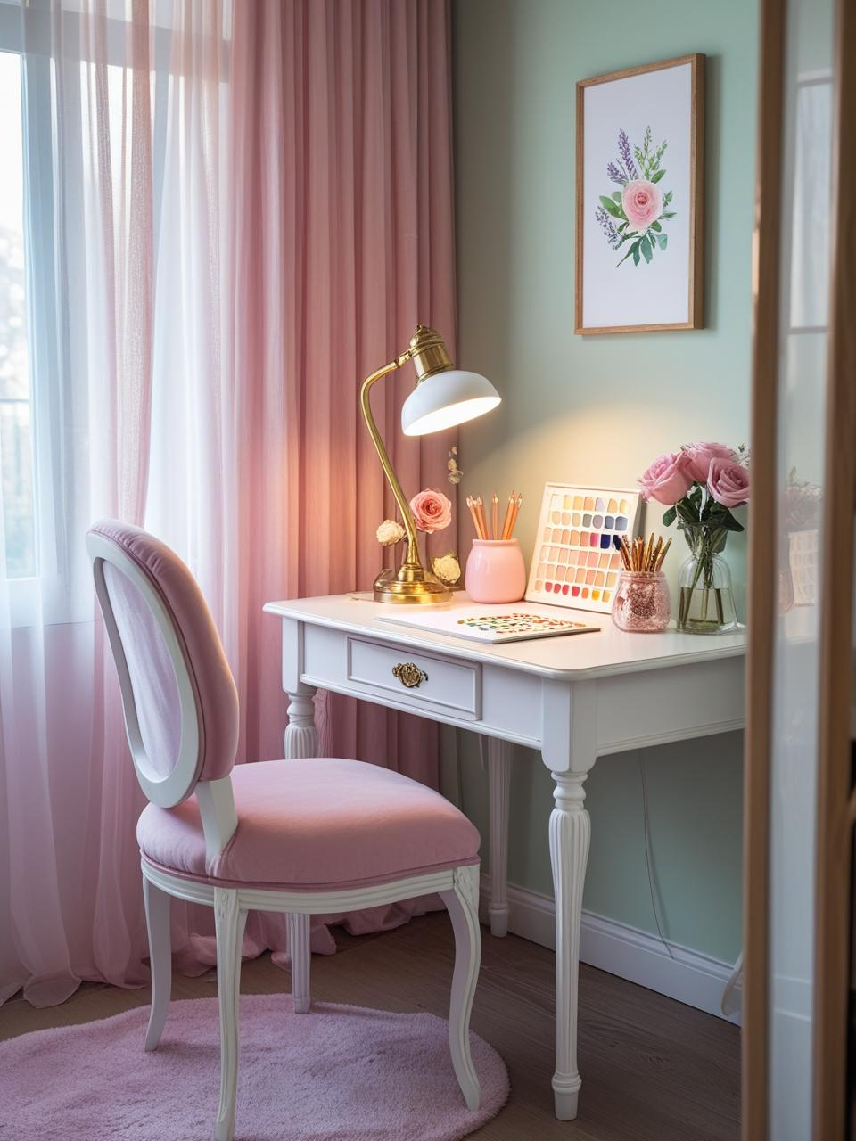 Girly bedroom aesthetic desk area with pastel decor, white desk, comfy chair, and cozy lighting for creativity.