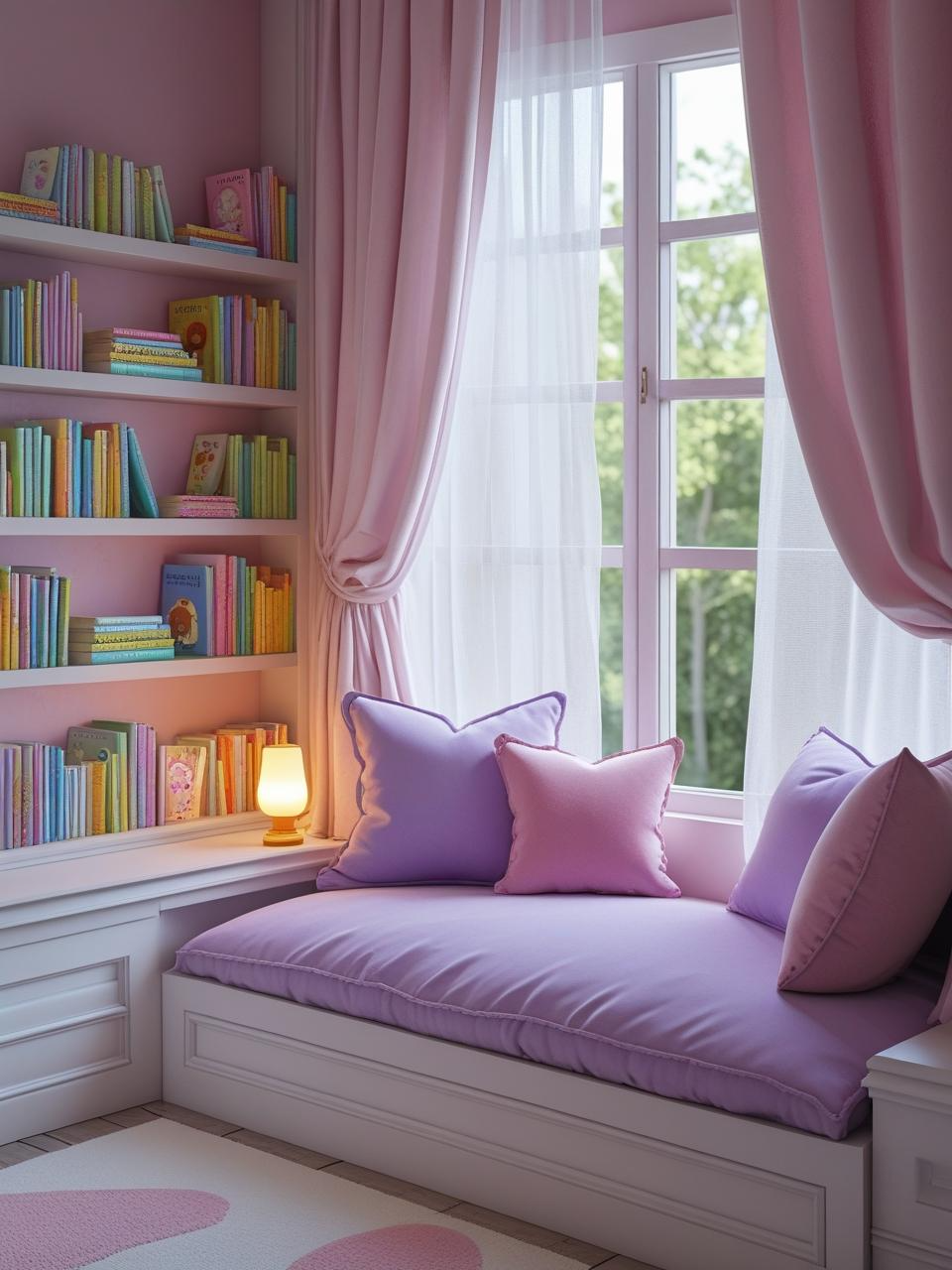 Girly bedroom aesthetic with a cozy reading nook, pastel cushions, and a low bookshelf filled with colorful storybooks.