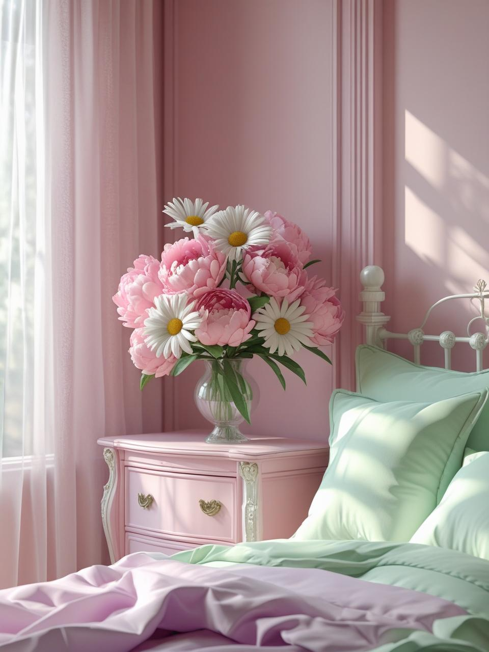 Girly bedroom aesthetic with blush pink peonies and white daisies in a vase on a dresser, adding soft, fresh color.